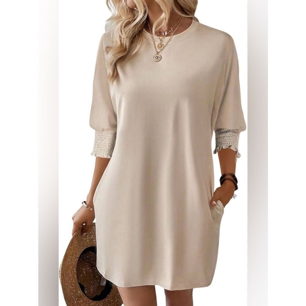 Women’s Midi Dress with Knit Cuff Detail - Beige